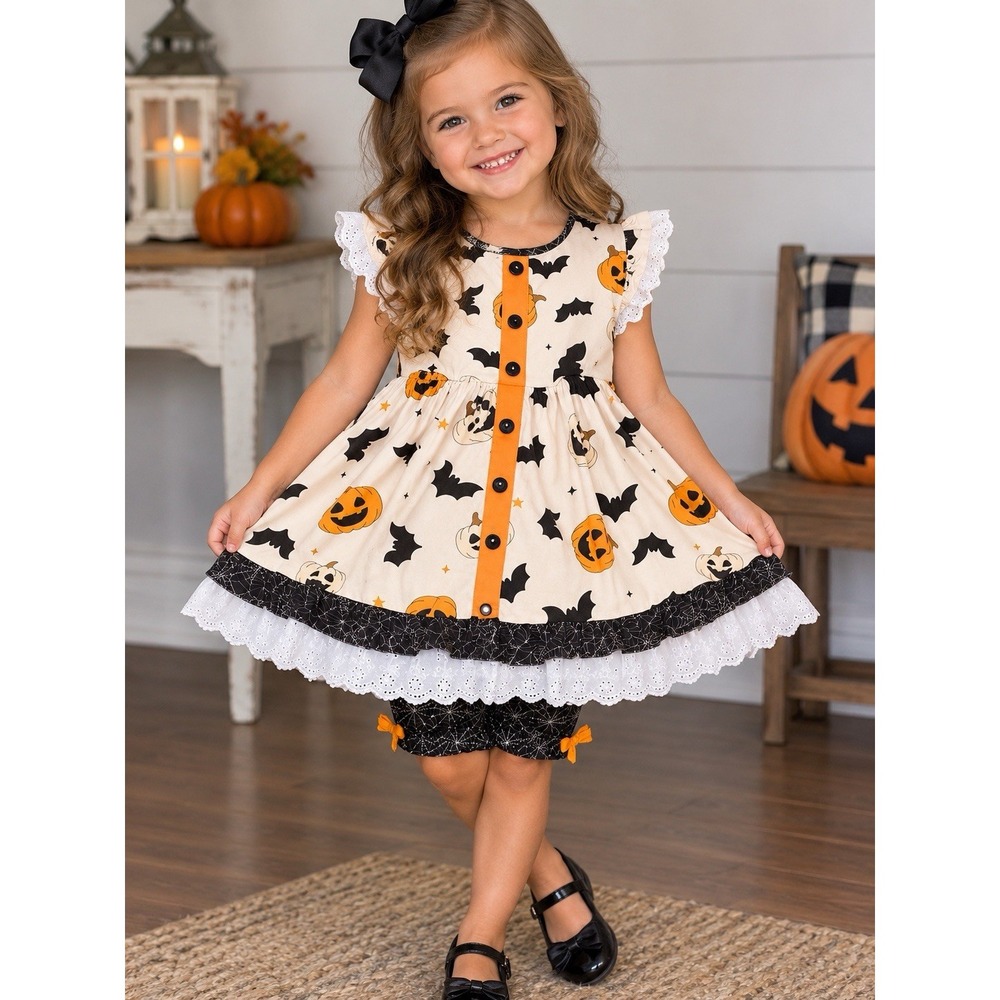 Bitty Bundles Halloween Dress jack O Lanterns Bats Spiderweb Shorts Size 3T